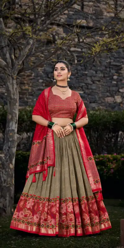 LNB 1210 Mehandi Color Tasar Silk Floral Print With Foil Print Lehenga Choli Wedding, Party, Festive, Events Etc. Delivery 4-6 Working Days Rs 2499 | Bollywood Lehenga, Creative Lehenga, Designer Lehenga, Embroidered Lehenga, Lehenga, Party Wear Lehenga