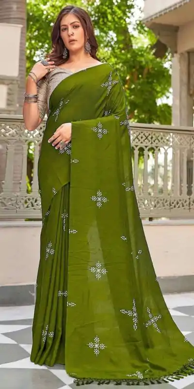 BT 1104 Mehendi Natural silk with Thread Embroidery & Embroidery Work Saree . Now at just ₹1549. Delivery 4-6 Working Days. Shop now. | Bollywood Sarees, Creative Sarees, Designer Sarees, Embroidered Sarees, Ethnic Saree, Modern Digital sarees, Party Wear Sarees, Sarees