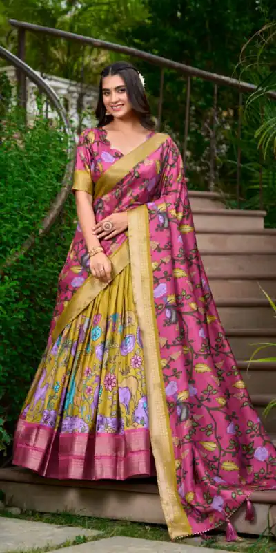LNB 1222 Mustard Dola Silk With Kalamkari Print & Zari Work Lehenga Choli . Grab it for ₹1899. Delivery 4-6 Working Days. Shop now. | Embroidered Lehenga, Bollywood Lehenga, Creative Lehenga, Designer Lehenga, Lehenga, Party Wear Lehenga