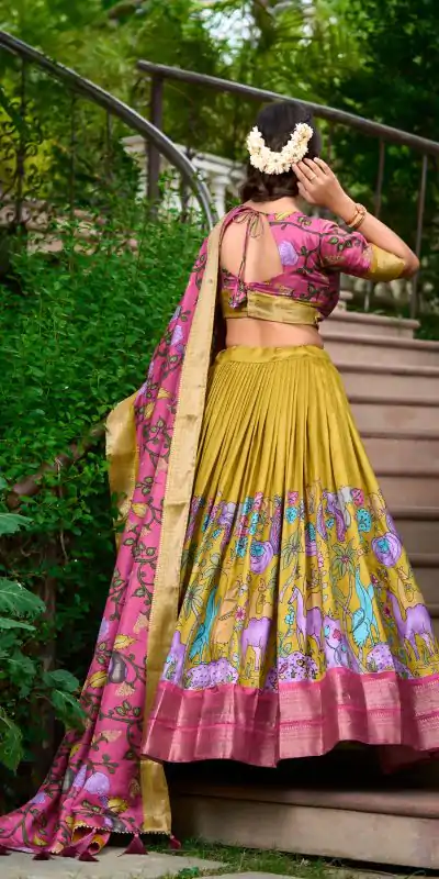 LNB 1222 Mustard Dola Silk With Kalamkari Print & Zari Work Lehenga Choli . Grab it for ₹1899. Delivery 4-6 Working Days. Shop now. | Embroidered Lehenga, Bollywood Lehenga, Creative Lehenga, Designer Lehenga, Lehenga, Party Wear Lehenga