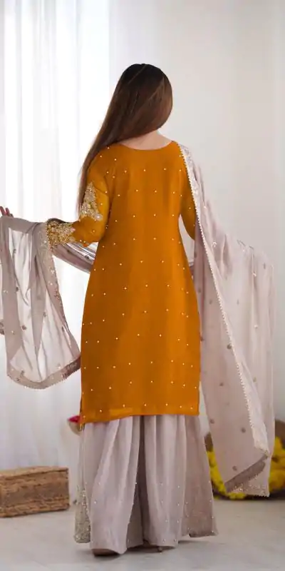 SR 1676 Mustard Heavy Faux Georgette With Heavy Embroidery Perfect for Wedding, Party, Ethnic Day, Reception, Diwali 4-6 Working Days At 2049/- Only | Jump Suits, Casual Suits, Creative suits, Designer Suits, Palazzo Suits, Party Wear Suits, Patiala Suits, Salwar suit, Straight Suits