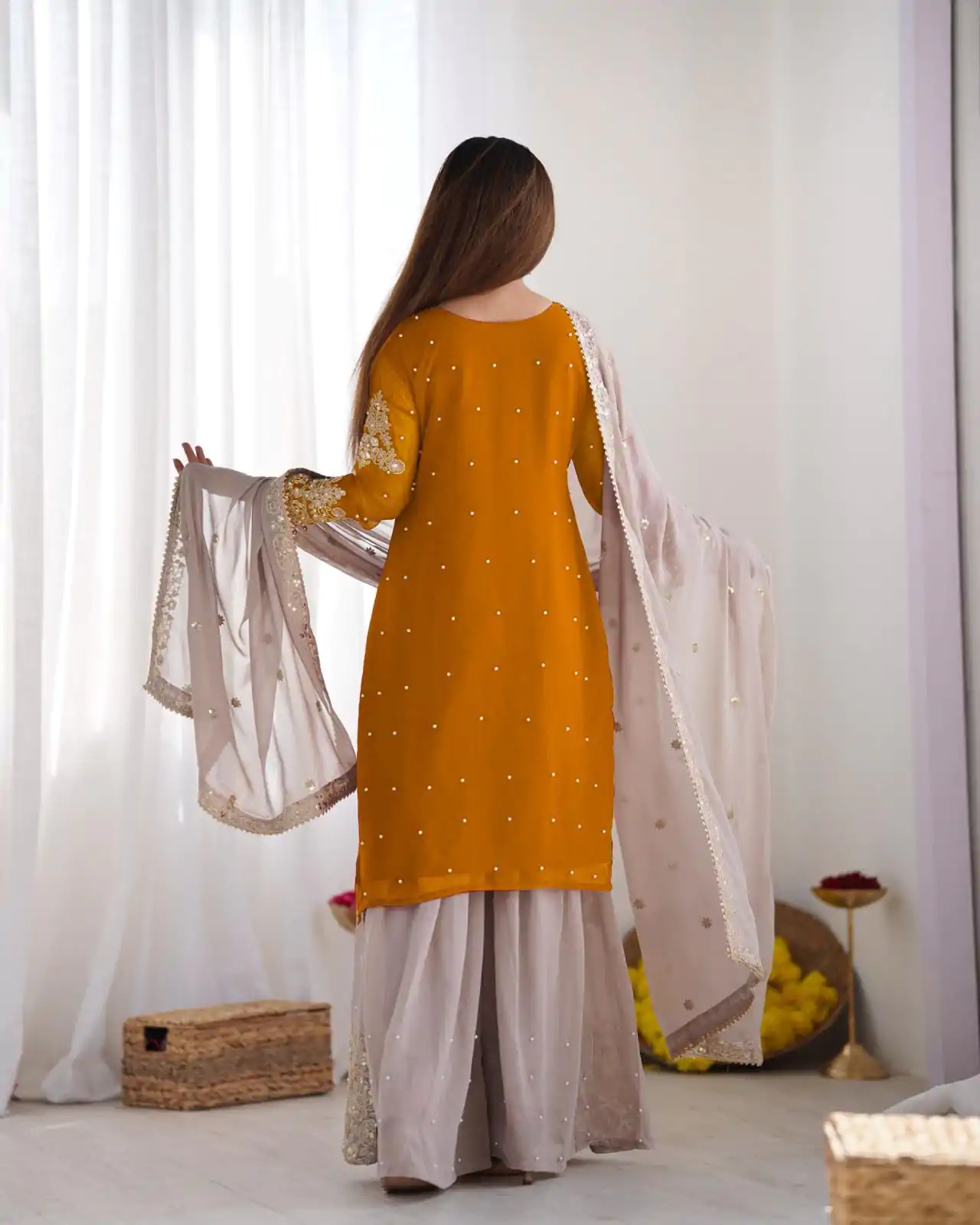 SR 1676 Mustard Heavy Faux Georgette With Heavy Embroidery Perfect for Wedding, Party, Ethnic Day, Reception, Diwali 4-6 Working Days At 2049/- Only | Jump Suits, Casual Suits, Creative suits, Designer Suits, Palazzo Suits, Party Wear Suits, Patiala Suits, Salwar suit, Straight Suits