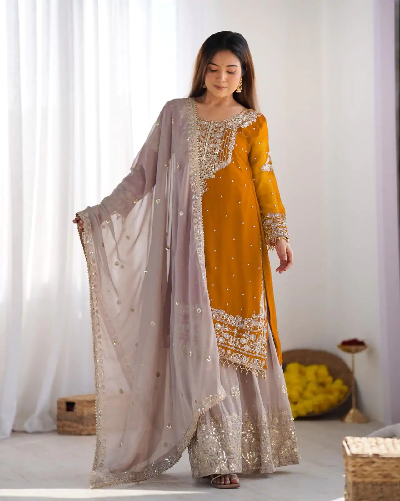 SR 1676 Mustard Heavy Faux Georgette With Heavy Embroidery Perfect for Wedding, Party, Ethnic Day, Reception, Diwali 4-6 Working Days At 2049/- Only | Jump Suits, Casual Suits, Creative suits, Designer Suits, Palazzo Suits, Party Wear Suits, Patiala Suits, Salwar suit, Straight Suits