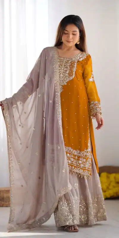 SR 1676 Mustard Heavy Faux Georgette With Heavy Embroidery Perfect for Wedding, Party, Ethnic Day, Reception, Diwali 4-6 Working Days At 2049/- Only | Jump Suits, Casual Suits, Creative suits, Designer Suits, Palazzo Suits, Party Wear Suits, Patiala Suits, Salwar suit, Straight Suits