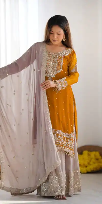 SR 1676 Mustard Heavy Faux Georgette With Heavy Embroidery Perfect for Wedding, Party, Ethnic Day, Reception, Diwali 4-6 Working Days At 2049/- Only | Jump Suits, Casual Suits, Creative suits, Designer Suits, Palazzo Suits, Party Wear Suits, Patiala Suits, Salwar suit, Straight Suits