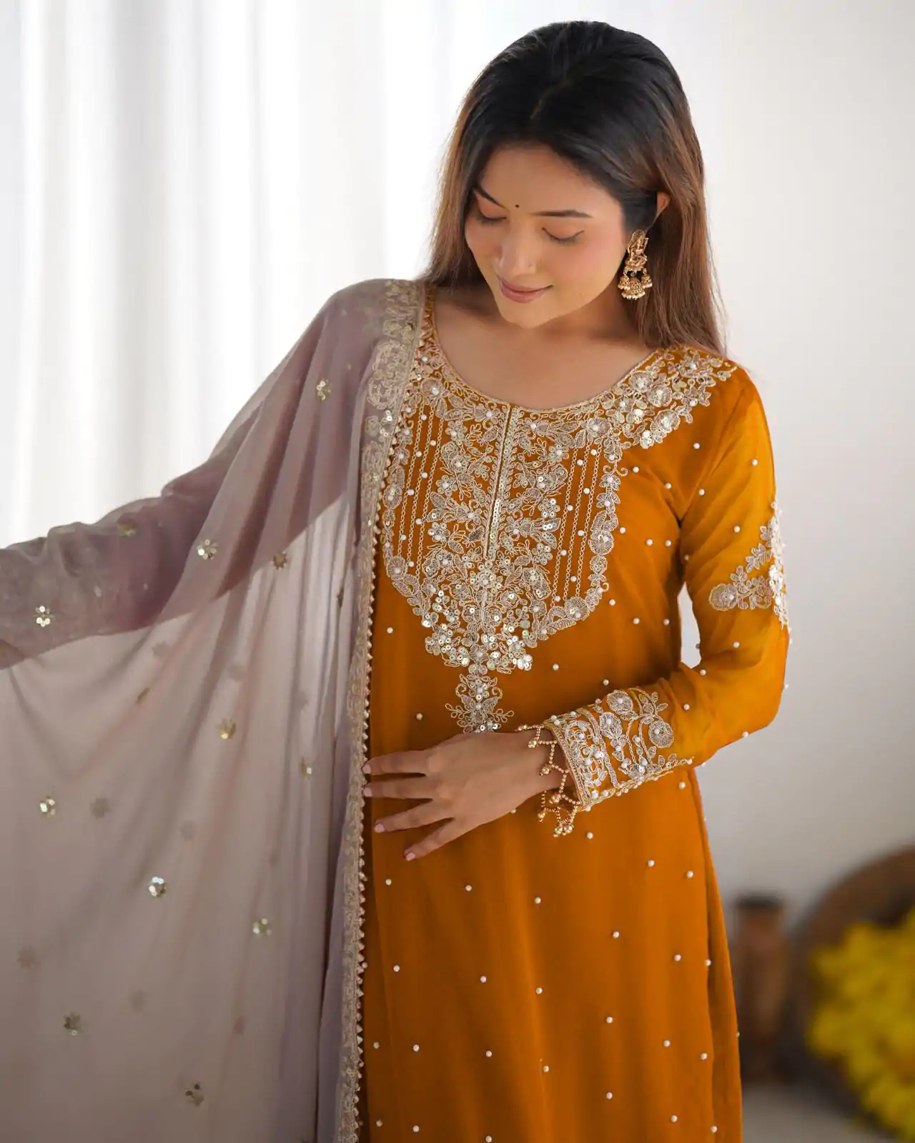SR 1676 Mustard Heavy Faux Georgette With Heavy Embroidery Perfect for Wedding, Party, Ethnic Day, Reception, Diwali 4-6 Working Days At 2049/- Only | Jump Suits, Casual Suits, Creative suits, Designer Suits, Palazzo Suits, Party Wear Suits, Patiala Suits, Salwar suit, Straight Suits
