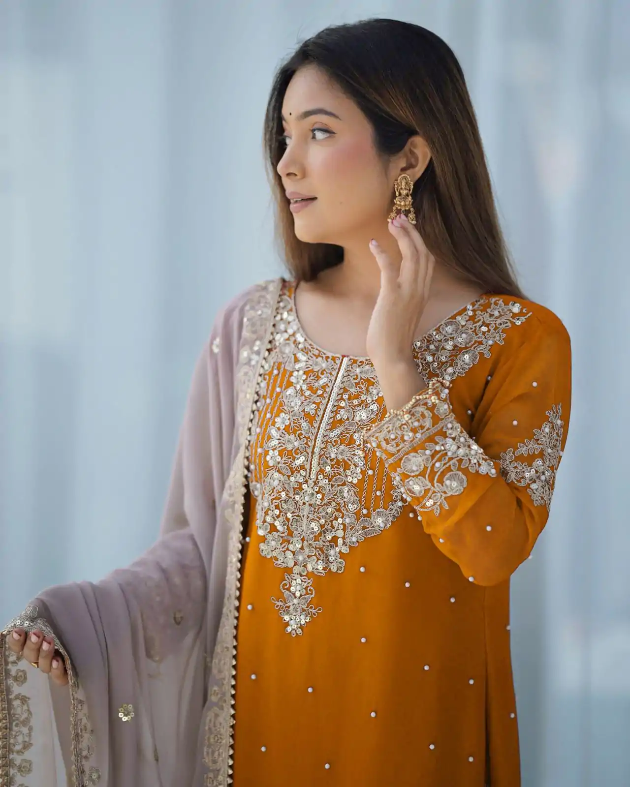 SR 1676 Mustard Heavy Faux Georgette With Heavy Embroidery Perfect for Wedding, Party, Ethnic Day, Reception, Diwali 4-6 Working Days At 2049/- Only | Jump Suits, Casual Suits, Creative suits, Designer Suits, Palazzo Suits, Party Wear Suits, Patiala Suits, Salwar suit, Straight Suits