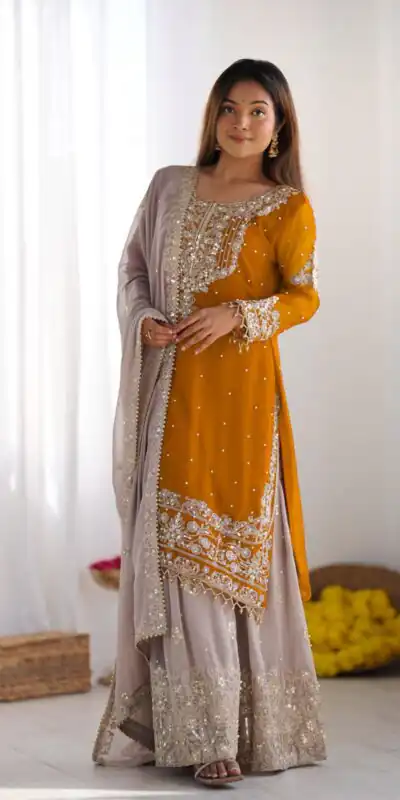 SR 1676 Mustard Heavy Faux Georgette With Heavy Embroidery Perfect for Wedding, Party, Ethnic Day, Reception, Diwali 4-6 Working Days At 2049/- Only | Jump Suits, Casual Suits, Creative suits, Designer Suits, Palazzo Suits, Party Wear Suits, Patiala Suits, Salwar suit, Straight Suits