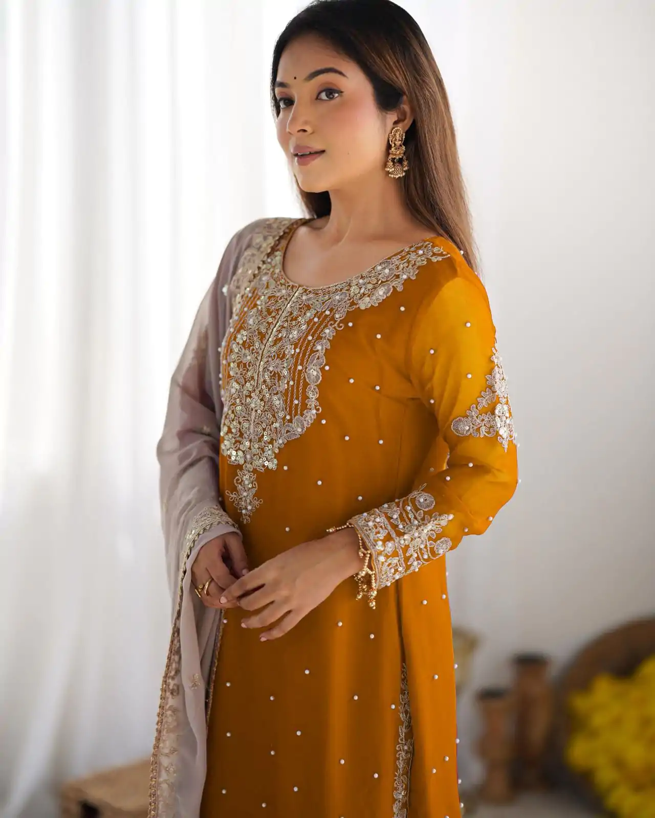 SR 1676 Mustard Heavy Faux Georgette With Heavy Embroidery Perfect for Wedding, Party, Ethnic Day, Reception, Diwali 4-6 Working Days At 2049/- Only | Jump Suits, Casual Suits, Creative suits, Designer Suits, Palazzo Suits, Party Wear Suits, Patiala Suits, Salwar suit, Straight Suits