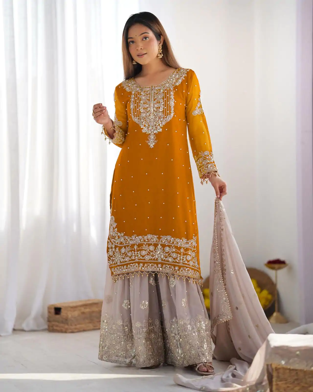 SR 1676 Mustard Heavy Faux Georgette With Heavy Embroidery Perfect for Wedding, Party, Ethnic Day, Reception, Diwali 4-6 Working Days At 2049/- Only | Jump Suits, Casual Suits, Creative suits, Designer Suits, Palazzo Suits, Party Wear Suits, Patiala Suits, Salwar suit, Straight Suits