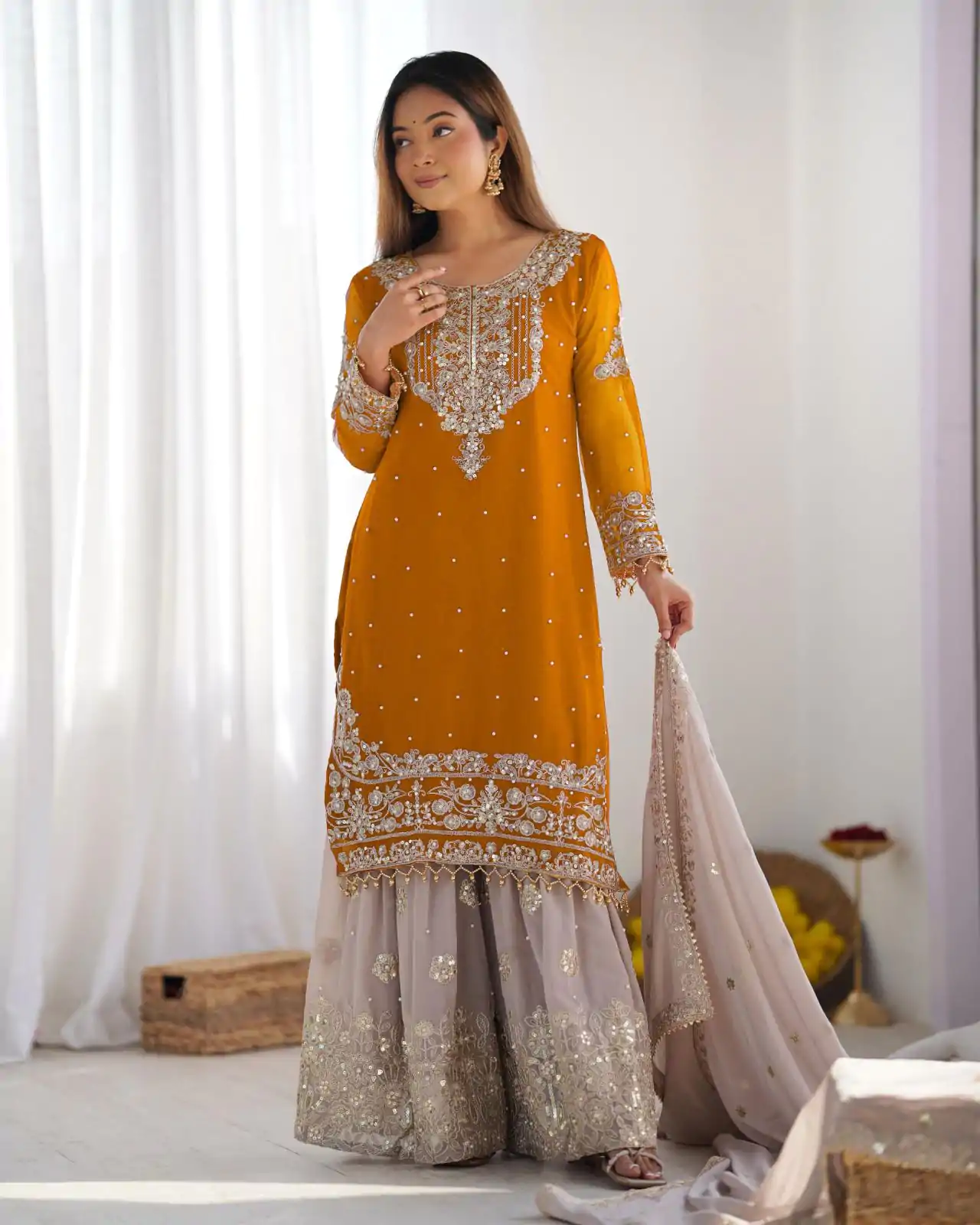 SR 1676 Mustard Heavy Faux Georgette With Heavy Embroidery Perfect for Wedding, Party, Ethnic Day, Reception, Diwali 4-6 Working Days At 2049/- Only | Jump Suits, Casual Suits, Creative suits, Designer Suits, Palazzo Suits, Party Wear Suits, Patiala Suits, Salwar suit, Straight Suits