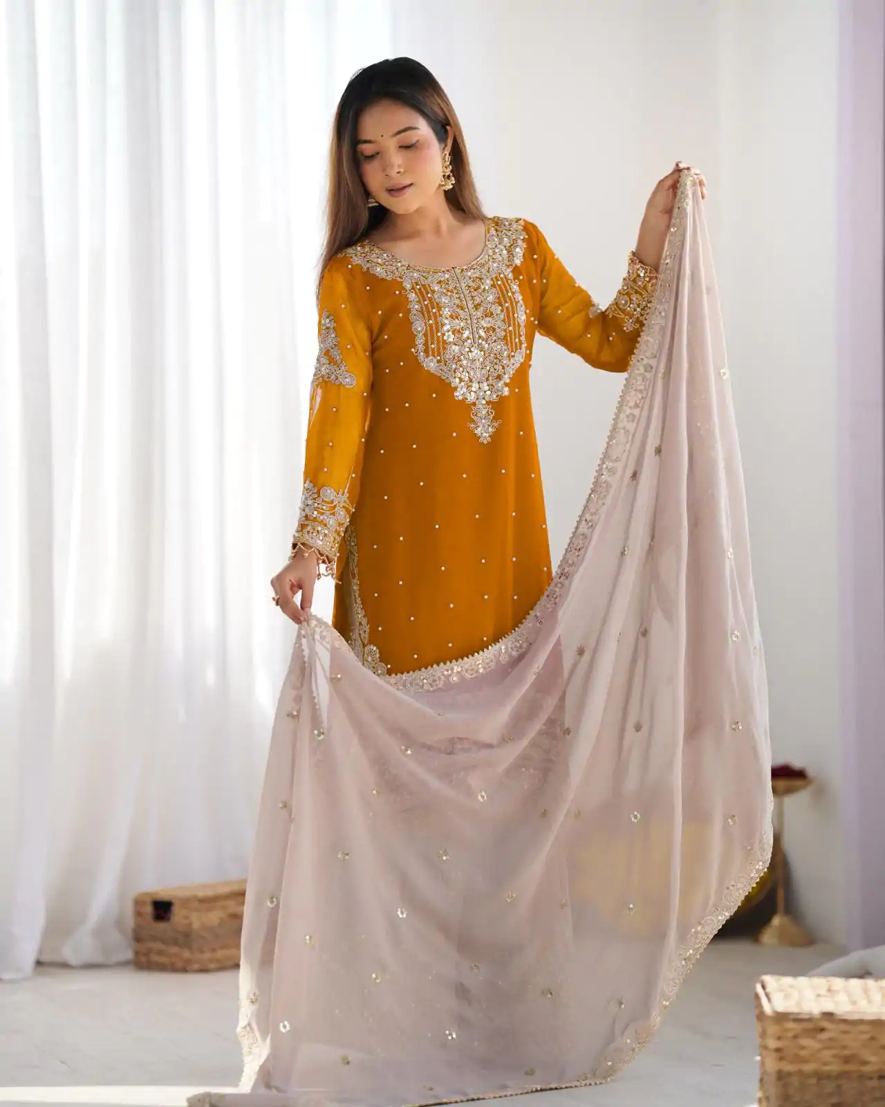 SR 1676 Mustard Heavy Faux Georgette With Heavy Embroidery Perfect for Wedding, Party, Ethnic Day, Reception, Diwali 4-6 Working Days At 2049/- Only | Jump Suits, Casual Suits, Creative suits, Designer Suits, Palazzo Suits, Party Wear Suits, Patiala Suits, Salwar suit, Straight Suits