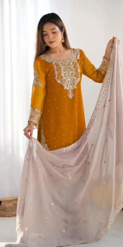 SR 1676 Mustard Heavy Faux Georgette With Heavy Embroidery Perfect for Wedding, Party, Ethnic Day, Reception, Diwali 4-6 Working Days At 2049/- Only | Jump Suits, Casual Suits, Creative suits, Designer Suits, Palazzo Suits, Party Wear Suits, Patiala Suits, Salwar suit, Straight Suits