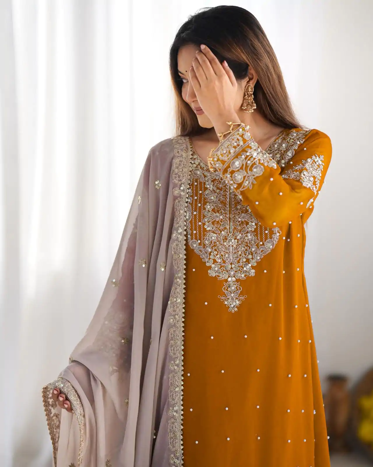 SR 1676 Mustard Heavy Faux Georgette With Heavy Embroidery Perfect for Wedding, Party, Ethnic Day, Reception, Diwali 4-6 Working Days At 2049/- Only | Jump Suits, Casual Suits, Creative suits, Designer Suits, Palazzo Suits, Party Wear Suits, Patiala Suits, Salwar suit, Straight Suits