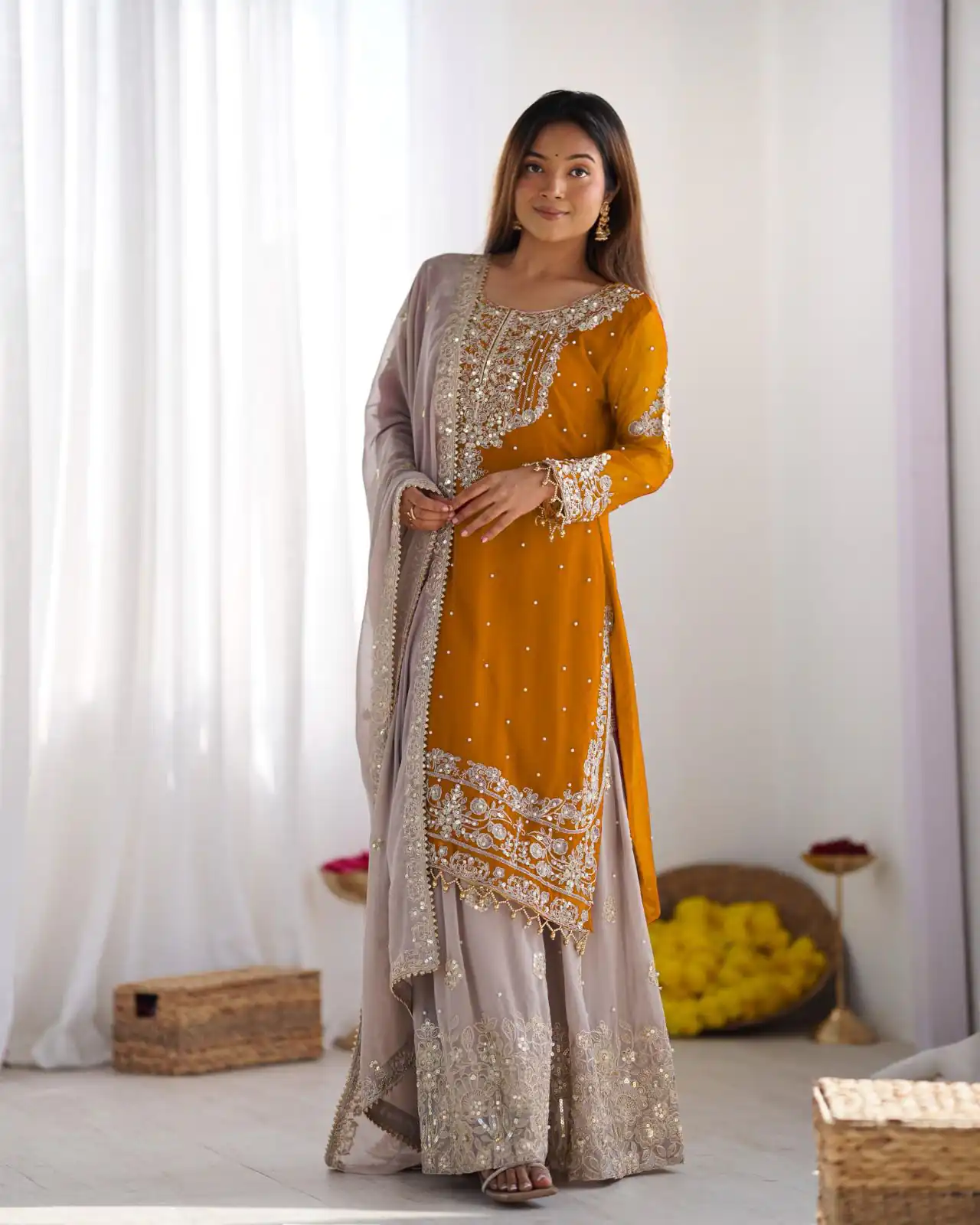 SR 1676 Mustard Heavy Faux Georgette With Heavy Embroidery Perfect for Wedding, Party, Ethnic Day, Reception, Diwali 4-6 Working Days At 2049/- Only | Jump Suits, Casual Suits, Creative suits, Designer Suits, Palazzo Suits, Party Wear Suits, Patiala Suits, Salwar suit, Straight Suits
