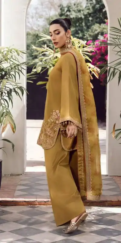 SSR 515 Mustard French Crep Silk With Embroidery Sequence Work with Digital Print & Lace Work Salwar Suit at ₹2099 only. Delivery 4-6 Days | Designer Suits, Jump Suits, Casual Suits, Creative suits, Palazzo Suits, Party Wear Suits, Patiala Suits, Salwar suit, Straight Suits