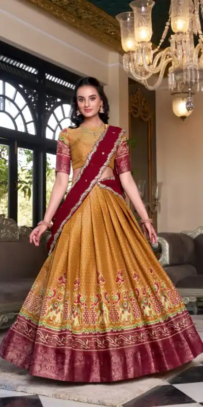 LNB 1240 Mustard Kanchipuram With Embroidery Work & Zari Work Lehenga Choli ₹2499 on Availablely. Delivery 4-6 Working Days. Shop now. | Bollywood Lehenga, Creative Lehenga, Designer Lehenga, Embroidered Lehenga, Lehenga, Party Wear Lehenga