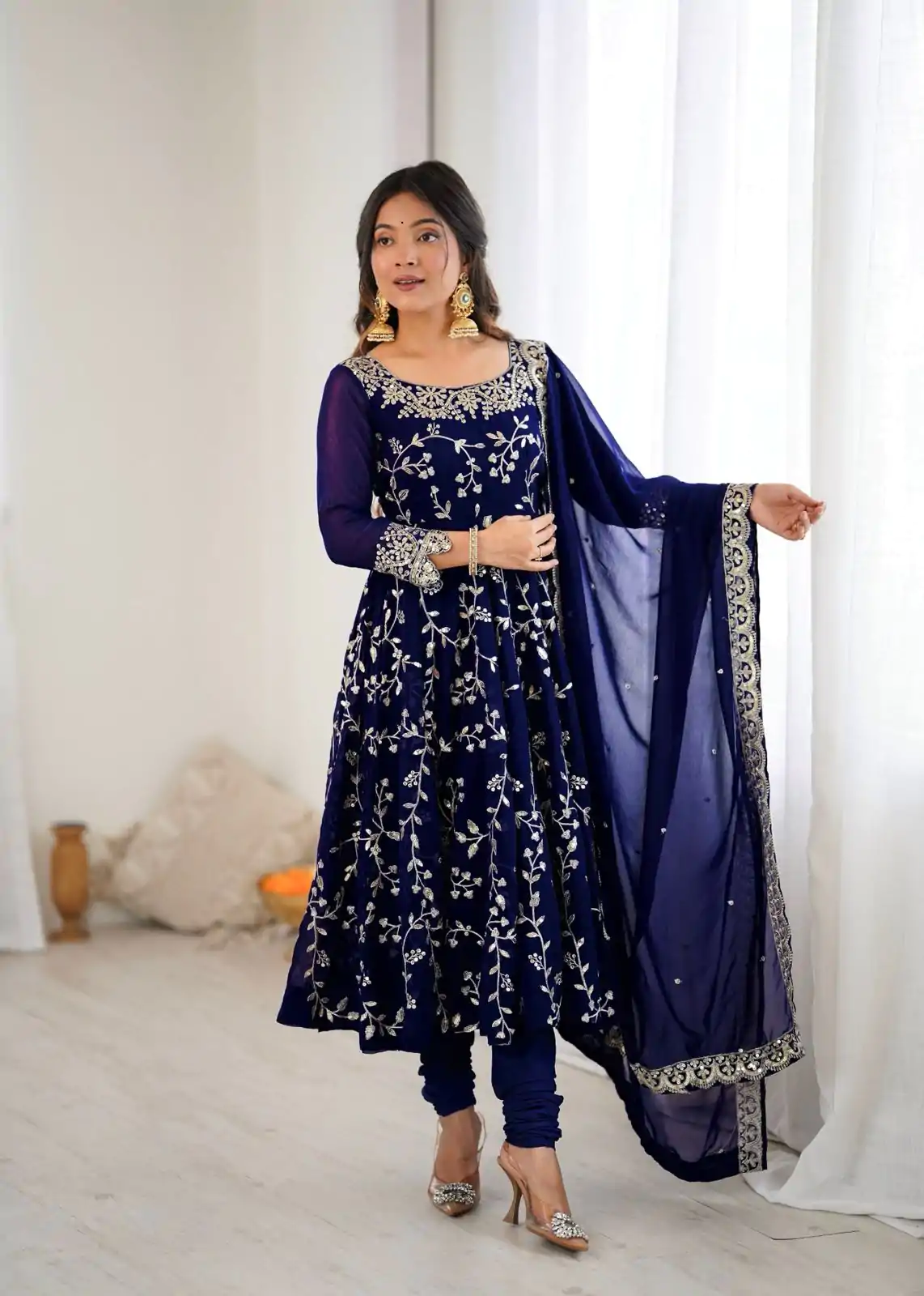 SRK 5299 Navy Blue Faux Georgette With Sequence Work Perfect for Wedding, , Lohri, Temple Visit, Ganesh Chaturthi Festive, Events, 4-6 Working Days At 2149 | Bollywood Gowns, Creative Gowns, Designer Gowns, Embroidered Gowns, Gowns, Party Wear Gowns