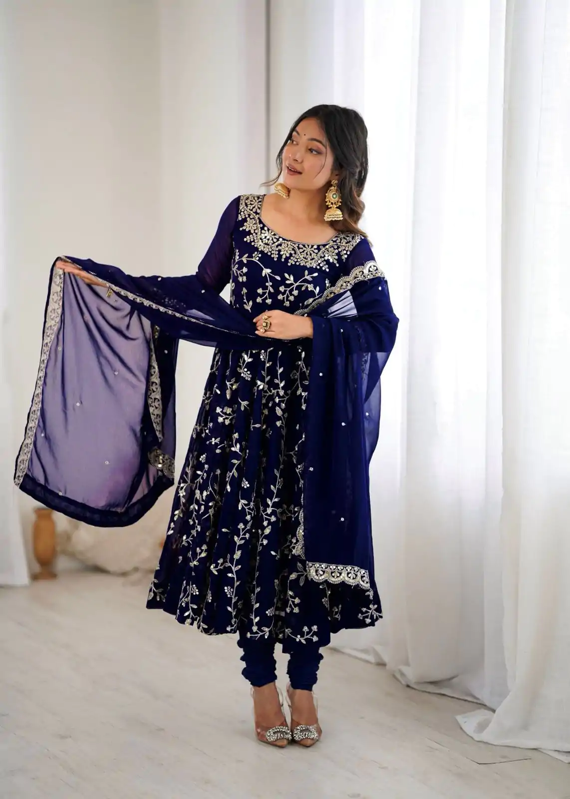 SRK 5299 Navy Blue Faux Georgette With Sequence Work Perfect for Wedding, , Lohri, Temple Visit, Ganesh Chaturthi Festive, Events, 4-6 Working Days At 2149 | Bollywood Gowns, Creative Gowns, Designer Gowns, Embroidered Gowns, Gowns, Party Wear Gowns