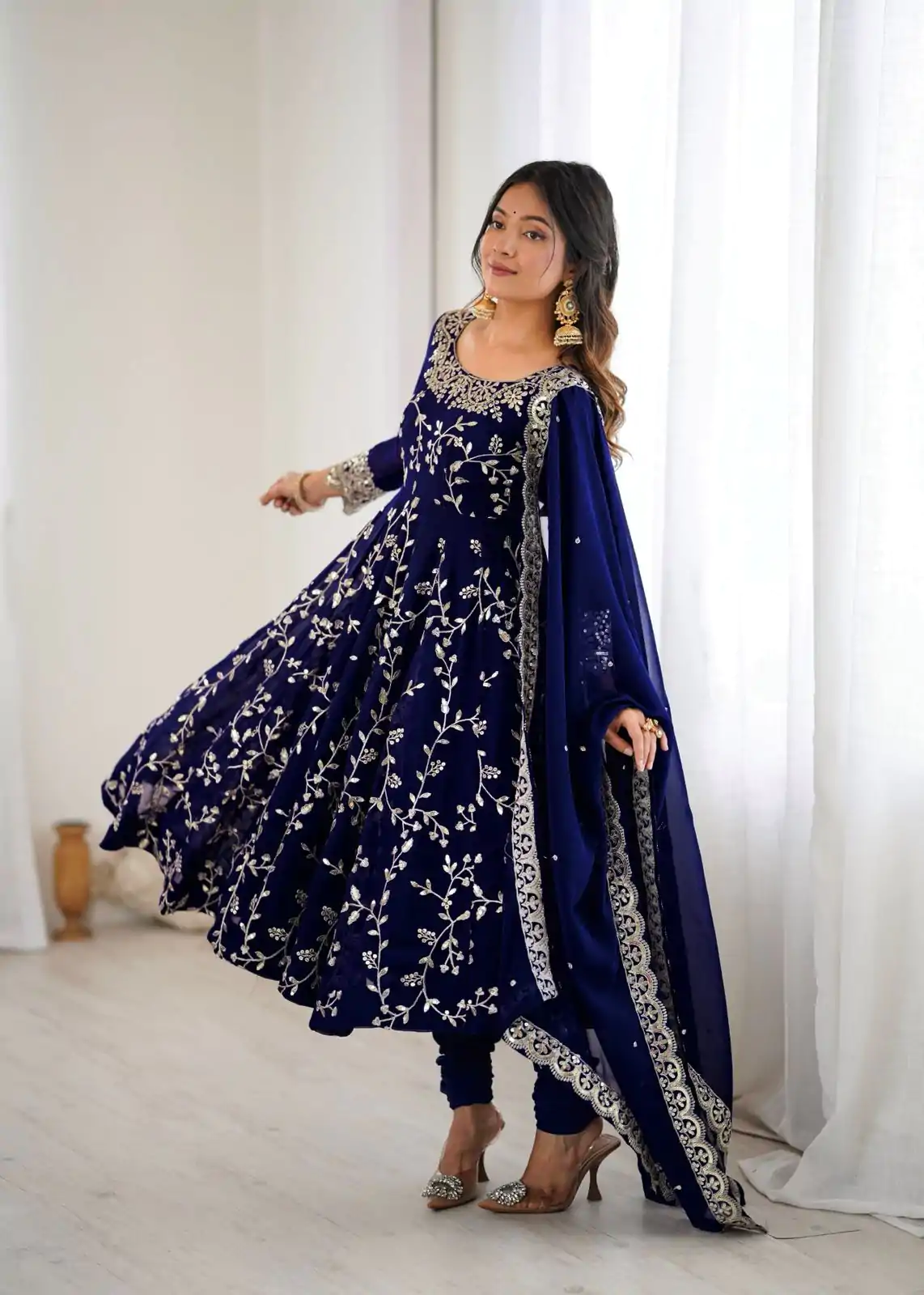 SRK 5299 Navy Blue Faux Georgette With Sequence Work Perfect for Wedding, , Lohri, Temple Visit, Ganesh Chaturthi Festive, Events, 4-6 Working Days At 2149 | Bollywood Gowns, Creative Gowns, Designer Gowns, Embroidered Gowns, Gowns, Party Wear Gowns