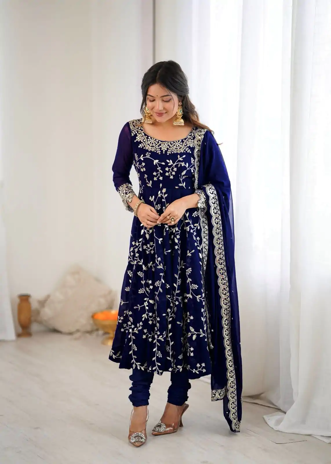 SRK 5299 Navy Blue Faux Georgette With Sequence Work Perfect for Wedding, , Lohri, Temple Visit, Ganesh Chaturthi Festive, Events, 4-6 Working Days At 2149 | Bollywood Gowns, Creative Gowns, Designer Gowns, Embroidered Gowns, Gowns, Party Wear Gowns