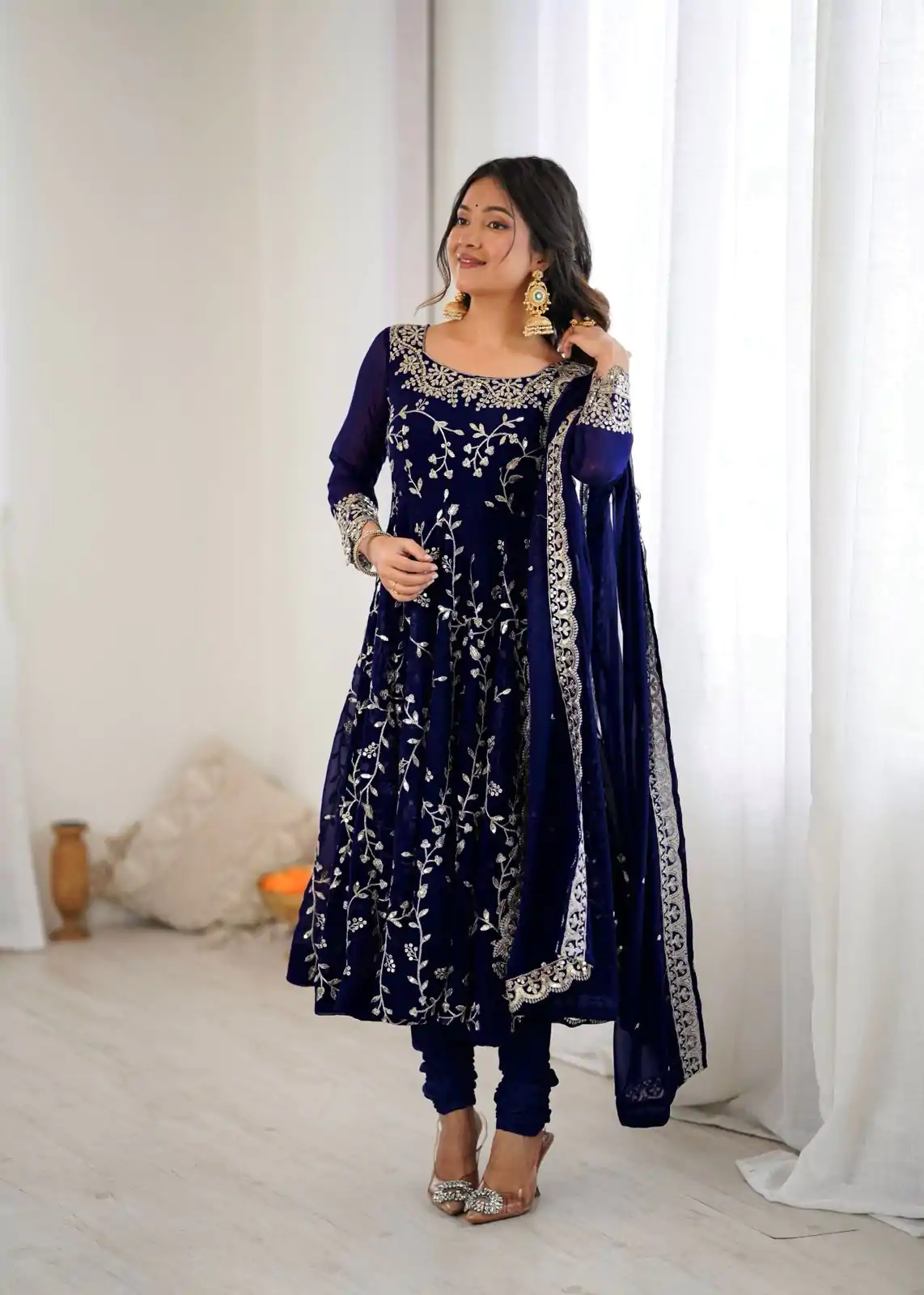SRK 5299 Navy Blue Faux Georgette With Sequence Work Perfect for Wedding, , Lohri, Temple Visit, Ganesh Chaturthi Festive, Events, 4-6 Working Days At 2149 | Bollywood Gowns, Creative Gowns, Designer Gowns, Embroidered Gowns, Gowns, Party Wear Gowns