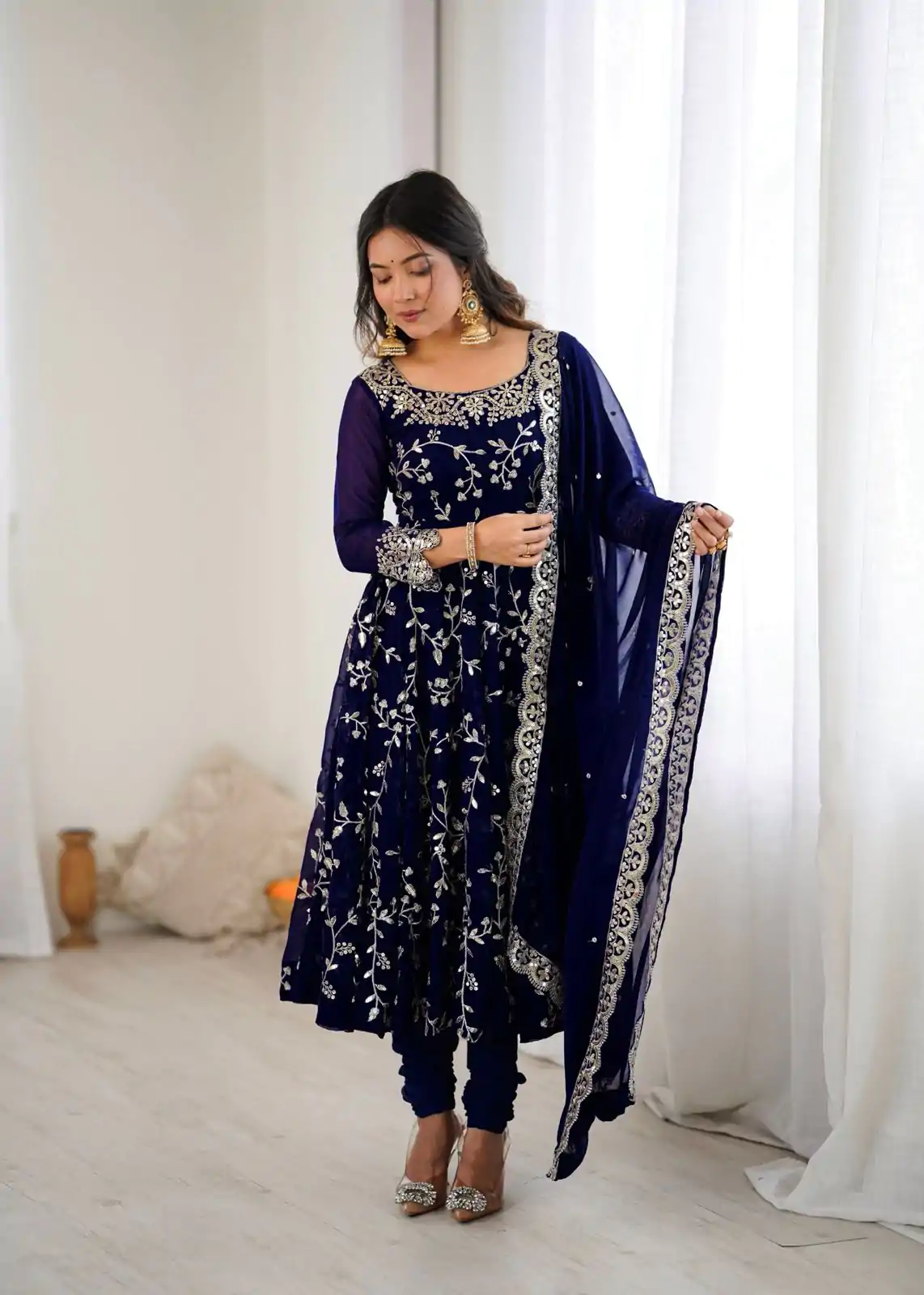 SRK 5299 Navy Blue Faux Georgette With Sequence Work Perfect for Wedding, , Lohri, Temple Visit, Ganesh Chaturthi Festive, Events, 4-6 Working Days At 2149 | Bollywood Gowns, Creative Gowns, Designer Gowns, Embroidered Gowns, Gowns, Party Wear Gowns
