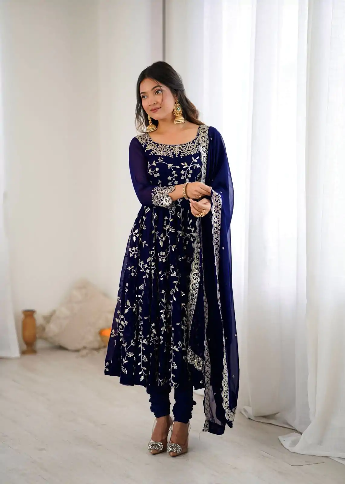 SRK 5299 Navy Blue Faux Georgette With Sequence Work Perfect for Wedding, , Lohri, Temple Visit, Ganesh Chaturthi Festive, Events, 4-6 Working Days At 2149 | Bollywood Gowns, Creative Gowns, Designer Gowns, Embroidered Gowns, Gowns, Party Wear Gowns