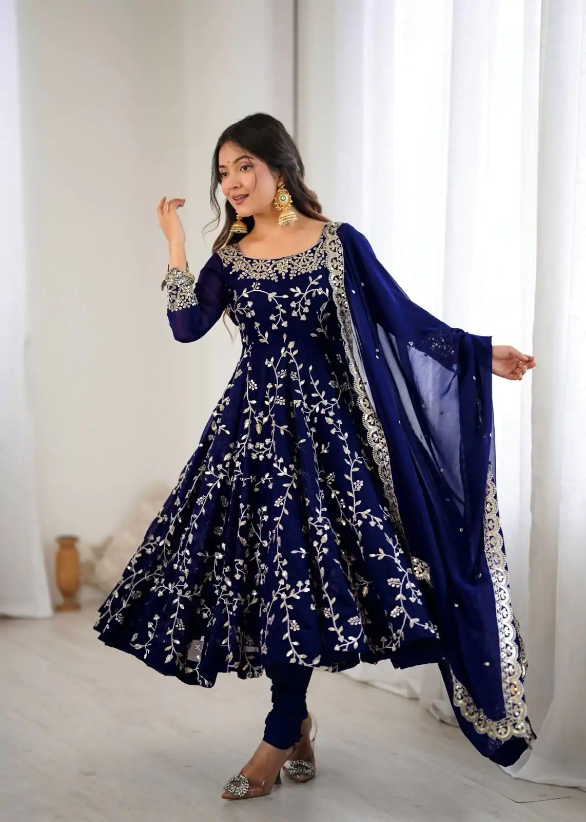SRK 5299 Navy Blue Faux Georgette With Sequence Work Perfect for Wedding, , Lohri, Temple Visit, Ganesh Chaturthi Festive, Events, 4-6 Working Days At 2149 | Bollywood Gowns, Creative Gowns, Designer Gowns, Embroidered Gowns, Gowns, Party Wear Gowns