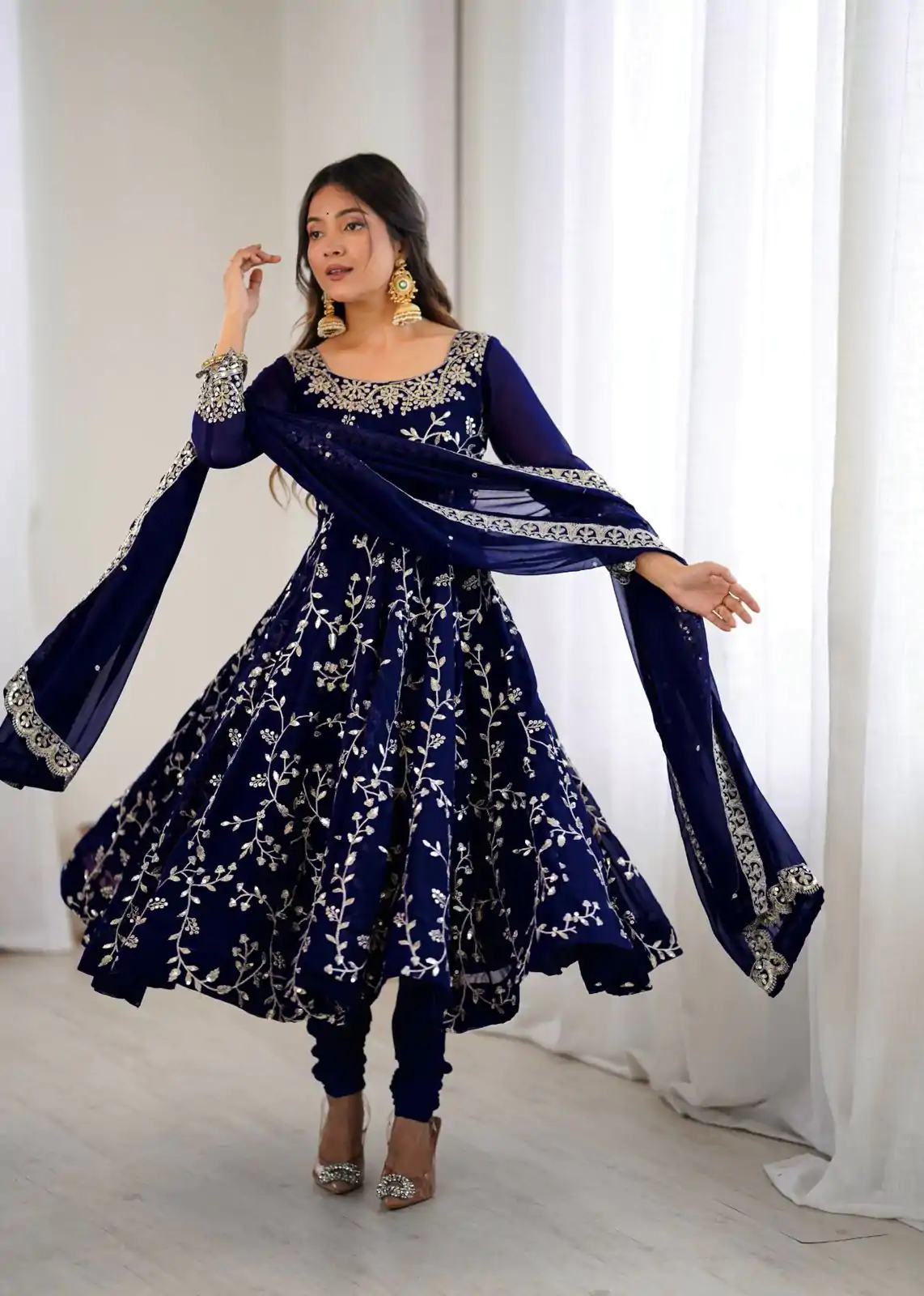 SRK 5299 Navy Blue Faux Georgette With Sequence Work Perfect for Wedding, , Lohri, Temple Visit, Ganesh Chaturthi Festive, Events, 4-6 Working Days At 2149 | Bollywood Gowns, Creative Gowns, Designer Gowns, Embroidered Gowns, Gowns, Party Wear Gowns