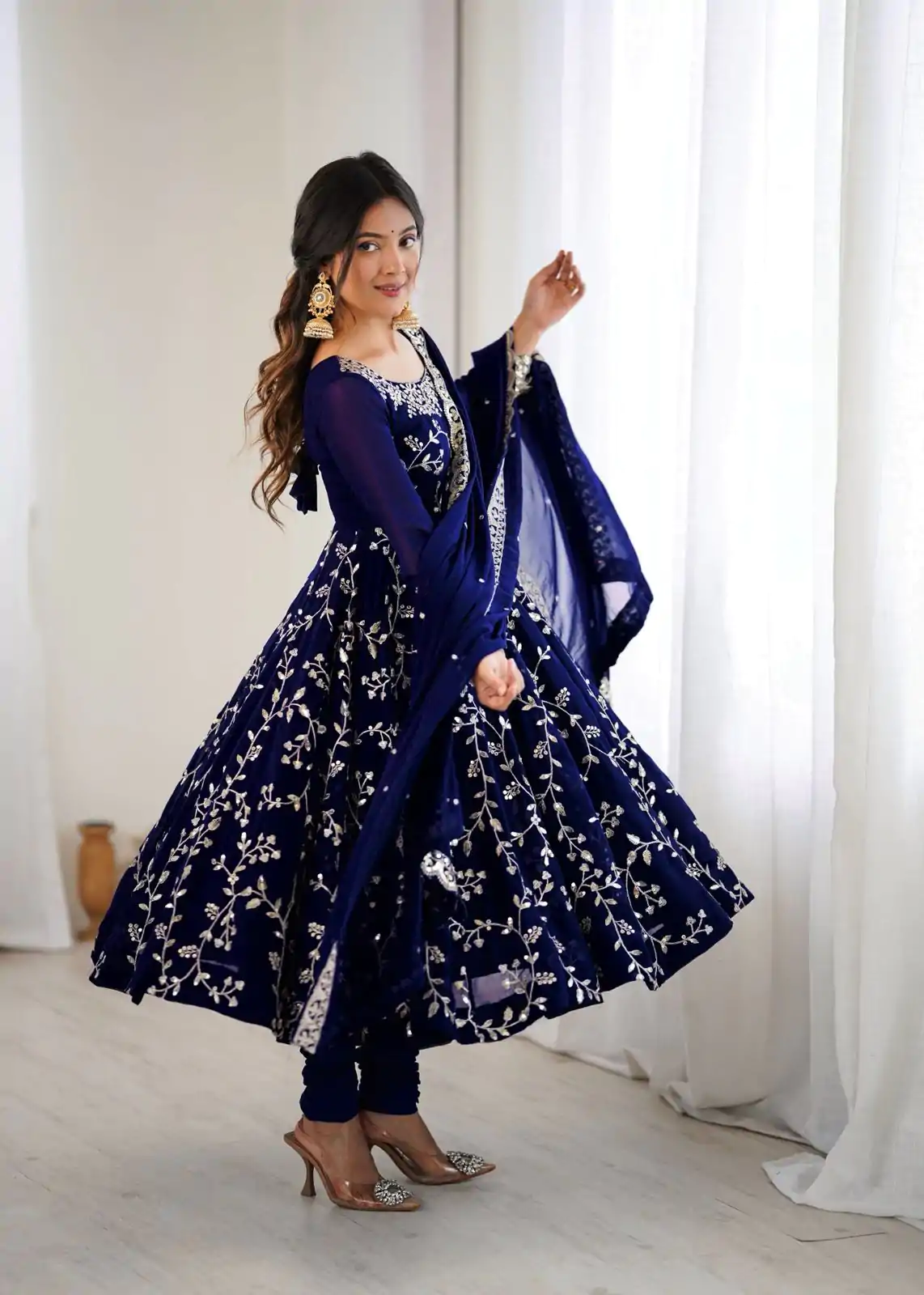 SRK 5299 Navy Blue Faux Georgette With Sequence Work Perfect for Wedding, , Lohri, Temple Visit, Ganesh Chaturthi Festive, Events, 4-6 Working Days At 2149 | Bollywood Gowns, Creative Gowns, Designer Gowns, Embroidered Gowns, Gowns, Party Wear Gowns