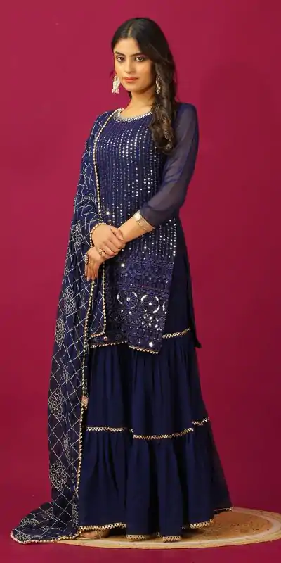 SR 1671 Navy Blue Georgette Salwar Suit Perfect for Wedding, Party, Cultural Events, Temple Visit, Lohri Now at just ₹1799. Delivery 4-6 Working Days. | Jump Suits, Tops & Bottoms, Track Suits, Trendy Wear, Casual Suits, Creative suits, Designer Suits, Palazzo Suits, Party Wear Suits, Patiala Suits, Salwar suit, Straight Suits