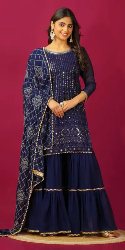 SR 1671 Navy Blue Georgette Salwar Suit Perfect for Wedding, Party, Cultural Events, Temple Visit, Lohri Now at just ₹1799. Delivery 4-6 Working Days. | Jump Suits, Tops & Bottoms, Track Suits, Trendy Wear, Casual Suits, Creative suits, Designer Suits, Palazzo Suits, Party Wear Suits, Patiala Suits, Salwar suit, Straight Suits