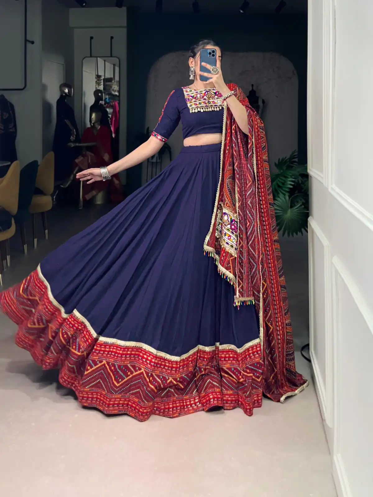 LNB 1661 Navy Blue Pure Rayon Mirror Work & Gamthi Work Lehenga Choli in . Affordable Price ₹4199. Delivery 4-6 Working Days. Shop now. | Embroidered Lehenga, Bollywood Lehenga, Creative Lehenga, Designer Lehenga, Lehenga, Party Wear Lehenga