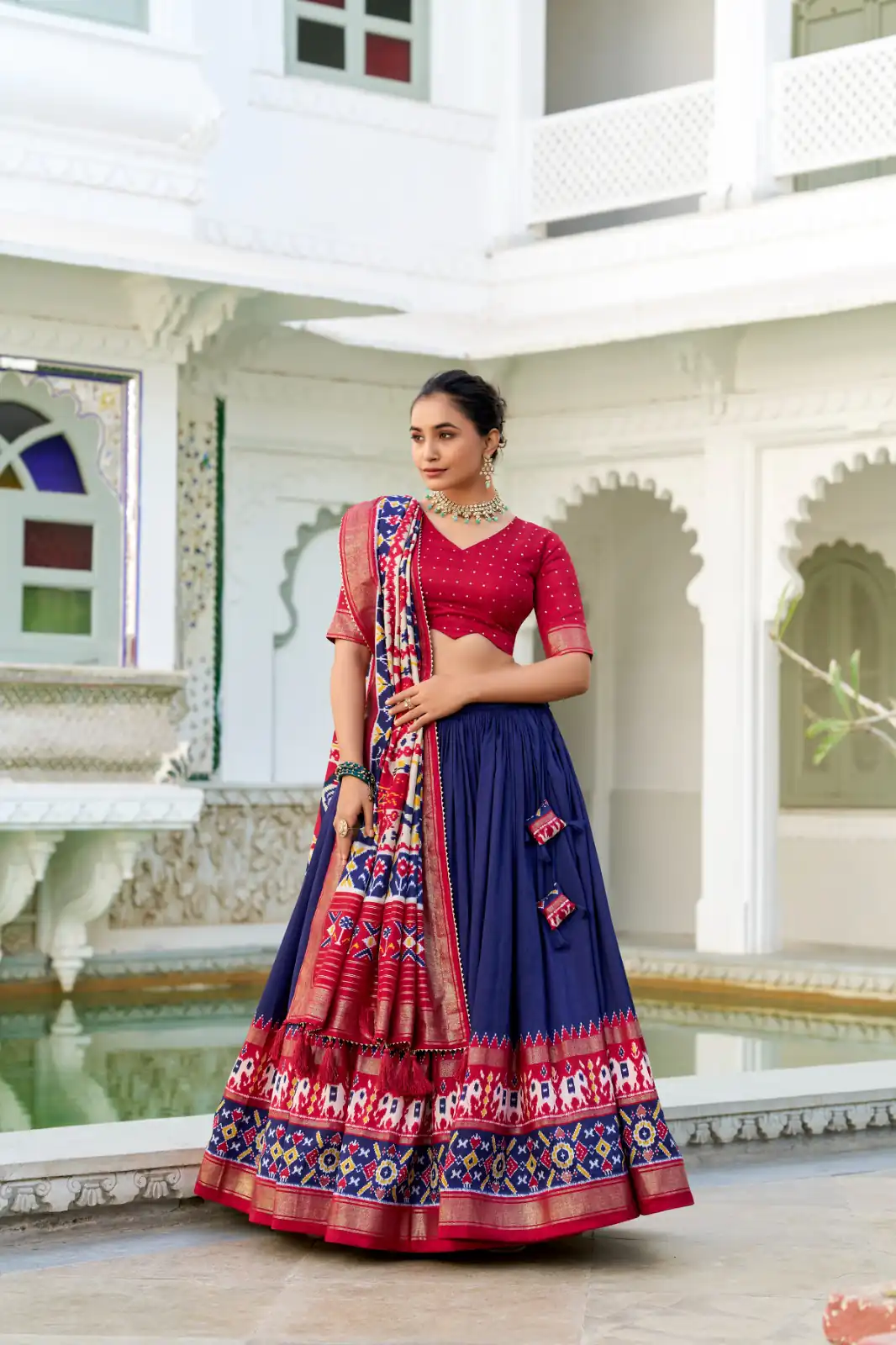 LNB 1680 Navy Blue Tasar Silk Patola Print & Gotta Patti Work Lehenga Choli in . Special Price ₹2449. Delivery 4-6 Working Days. Shop now. | Bollywood Lehenga, Creative Lehenga, Designer Lehenga, Embroidered Lehenga, Lehenga, Party Wear Lehenga