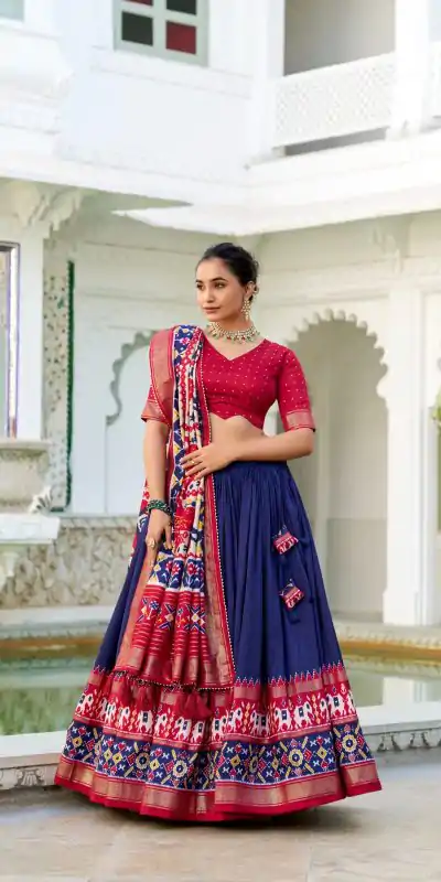 LNB 1680 Navy Blue Tasar Silk Patola Print & Gotta Patti Work Lehenga Choli in . Special Price ₹2449. Delivery 4-6 Working Days. Shop now. | Bollywood Lehenga, Creative Lehenga, Designer Lehenga, Embroidered Lehenga, Lehenga, Party Wear Lehenga