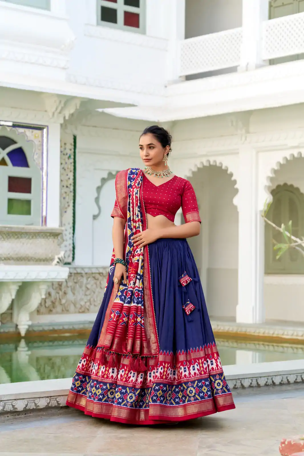 LNB 1680 Navy Blue Tasar Silk Patola Print & Gotta Patti Work Lehenga Choli in . Special Price ₹2449. Delivery 4-6 Working Days. Shop now. | Bollywood Lehenga, Creative Lehenga, Designer Lehenga, Embroidered Lehenga, Lehenga, Party Wear Lehenga