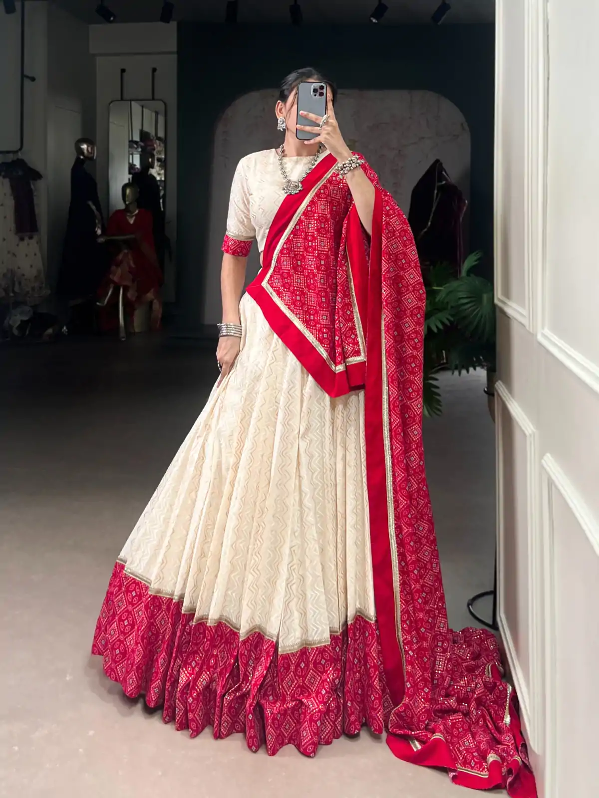 LNB 1669 Off White Cotton Sequins Work & Bandhej Print Lehenga Choli in . Best Price ₹3099. Delivery 4-6 Working Days. Shop now. | Bollywood Lehenga, Creative Lehenga, Designer Lehenga, Embroidered Lehenga, Lehenga, Party Wear Lehenga