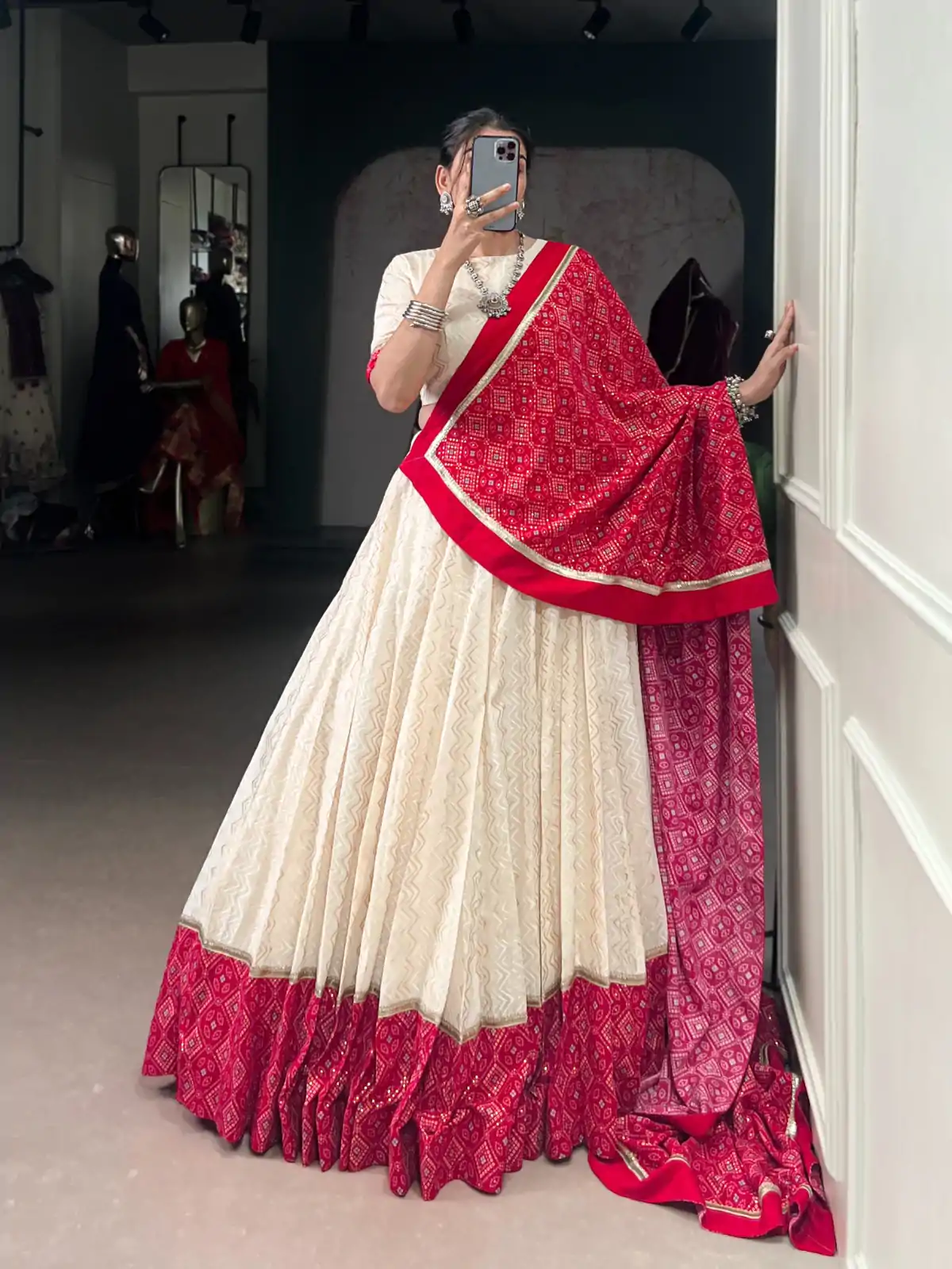 LNB 1669 Off White Cotton Sequins Work & Bandhej Print Lehenga Choli in . Best Price ₹3099. Delivery 4-6 Working Days. Shop now. | Bollywood Lehenga, Creative Lehenga, Designer Lehenga, Embroidered Lehenga, Lehenga, Party Wear Lehenga