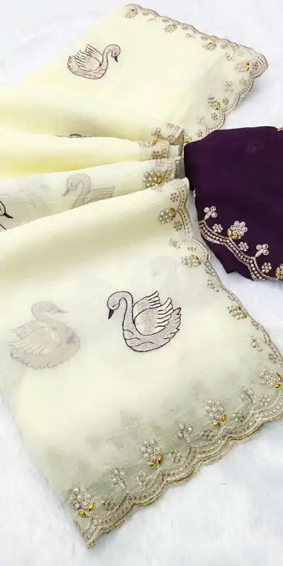 BT 1284 Off White Crunchy Chiffon Saree Perfect for Wedding, Party, Ethnic Day, Ganesh Chaturthi, Sangeet . Best Price ₹1799. Delivery 4-6 Working Days | Bollywood Sarees, Creative Sarees, Designer Sarees, Embroidered Sarees, Ethnic Saree, Modern Digital sarees, Party Wear Sarees, Sarees