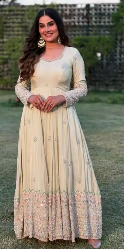 SSR 528 Off White Heavy Georgette With Heavy Embroidery Sequence Work Gown with Embroidery Work. Best Price ₹2399. Delivery 4-6 Working Days. | Bollywood Gowns, Creative Gowns, Designer Gowns, Embroidered Gowns, Gowns, Party Wear Gowns