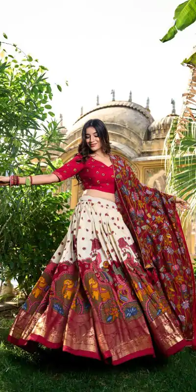 LNB 1219 Off White Tasar Silk With Gotta Patti Work & Kalamkari Print Lehenga Choli . Best Price ₹2449. Delivery 4-6 Working Days. Shop now. | Bollywood Lehenga, Creative Lehenga, Designer Lehenga, Embroidered Lehenga, Lehenga, Party Wear Lehenga