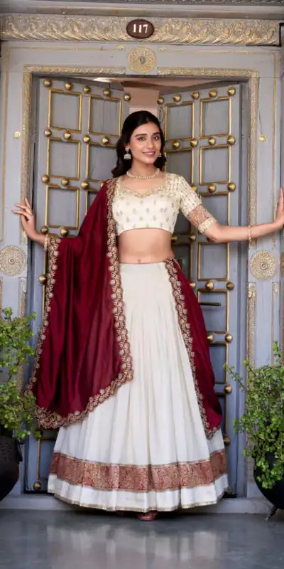 LNB 2049 Off White in Vichitra Silk Embroidery Work & Zari Work Lehenga Choli . Now at just ₹2999. Delivery 4-6 Working Days. Shop now. | Bollywood Lehenga, Creative Lehenga, Designer Lehenga, Embroidered Lehenga, Lehenga, Party Wear Lehenga