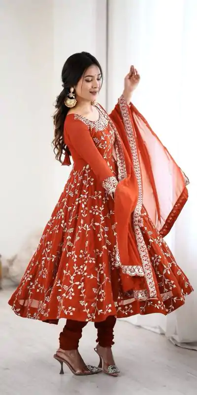 SRK 5299 Orange Georgette With Sequence Work Perfect for Wedding, Party, Lohri, Temple Visit, Ganesh Chaturthi Festive, Events, 4-6 Working Days At 2149 | Bollywood Gowns, Creative Gowns, Designer Gowns, Embroidered Gowns, Gowns, Party Wear Gowns