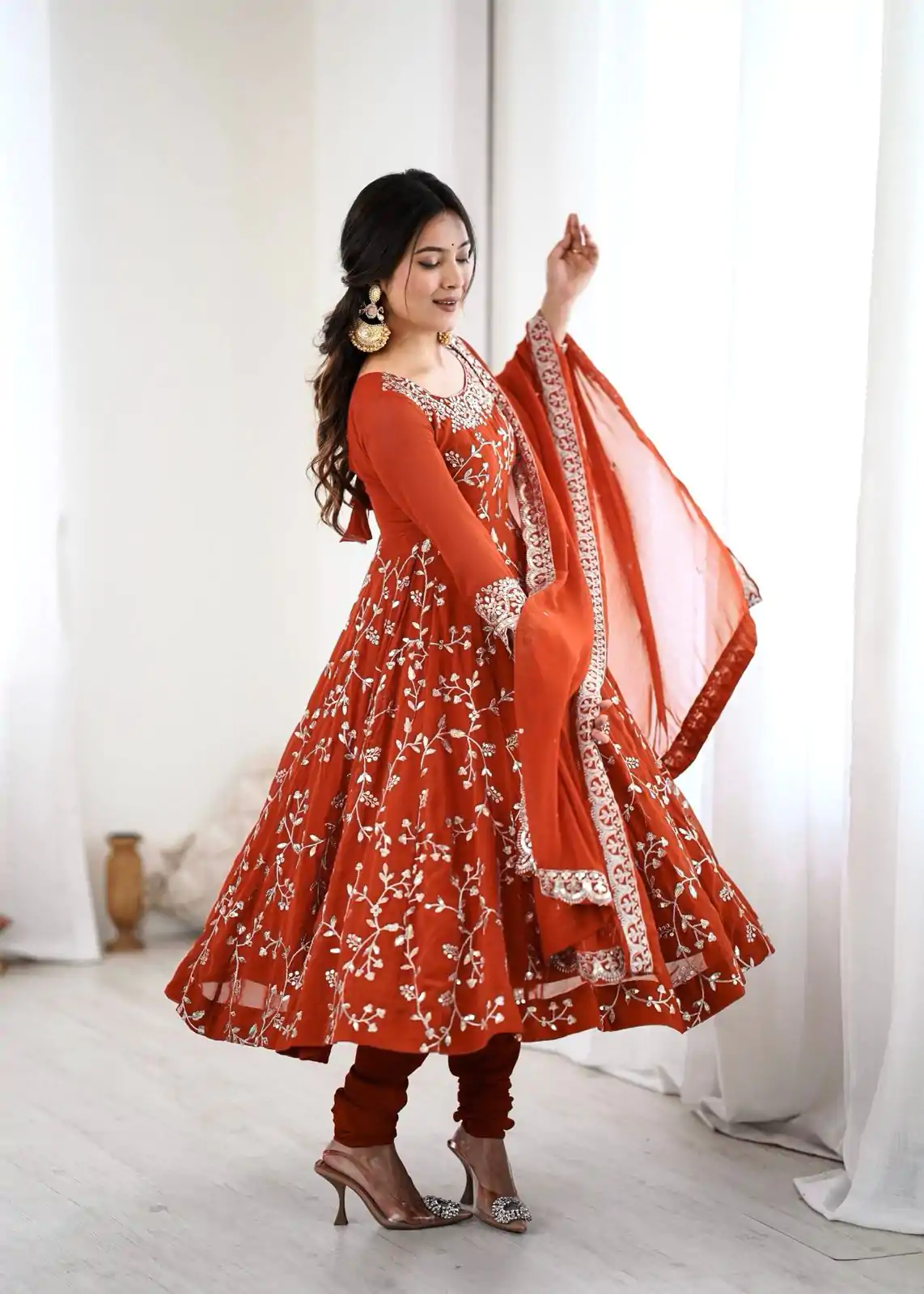 SRK 5299 Orange Georgette With Sequence Work Perfect for Wedding, Party, Lohri, Temple Visit, Ganesh Chaturthi Festive, Events, 4-6 Working Days At 2149 | Bollywood Gowns, Creative Gowns, Designer Gowns, Embroidered Gowns, Gowns, Party Wear Gowns