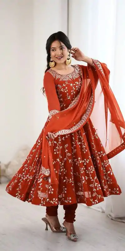 SRK 5299 Orange Georgette With Sequence Work Perfect for Wedding, Party, Lohri, Temple Visit, Ganesh Chaturthi Festive, Events, 4-6 Working Days At 2149 | Bollywood Gowns, Creative Gowns, Designer Gowns, Embroidered Gowns, Gowns, Party Wear Gowns