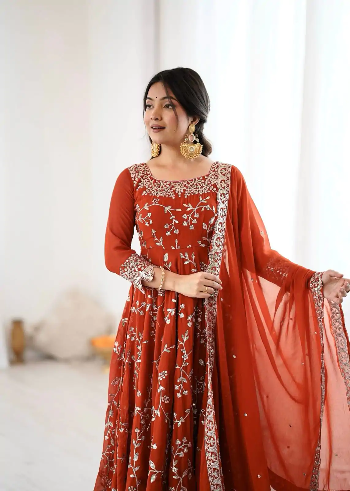 SRK 5299 Orange Georgette With Sequence Work Perfect for Wedding, Party, Lohri, Temple Visit, Ganesh Chaturthi Festive, Events, 4-6 Working Days At 2149 | Bollywood Gowns, Creative Gowns, Designer Gowns, Embroidered Gowns, Gowns, Party Wear Gowns
