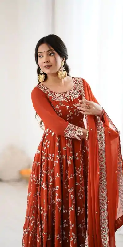 SRK 5299 Orange Georgette With Sequence Work Perfect for Wedding, Party, Lohri, Temple Visit, Ganesh Chaturthi Festive, Events, 4-6 Working Days At 2149 | Bollywood Gowns, Creative Gowns, Designer Gowns, Embroidered Gowns, Gowns, Party Wear Gowns