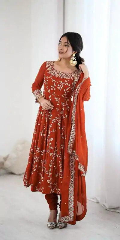 SRK 5299 Orange Georgette With Sequence Work Perfect for Wedding, Party, Lohri, Temple Visit, Ganesh Chaturthi Festive, Events, 4-6 Working Days At 2149 | Bollywood Gowns, Creative Gowns, Designer Gowns, Embroidered Gowns, Gowns, Party Wear Gowns