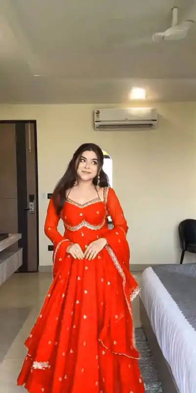 RTC 5924 Orange Georgette Thread With Sequence Gown Perfect for Wedding, Party, Reception, Holi, Eid . Available at ₹1999 only. Delivery 4-6 Working Days. | Bollywood Gowns, Creative Gowns, Designer Gowns, Embroidered Gowns, Gowns, Party Wear Gowns